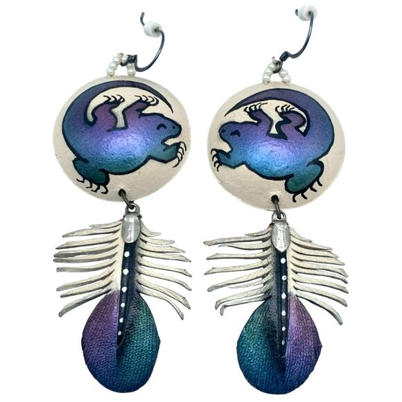 Native American Feather Lizard Purple Blue Iridescent SIGNED! Hand crafted RARE! - Picture 1 of 6